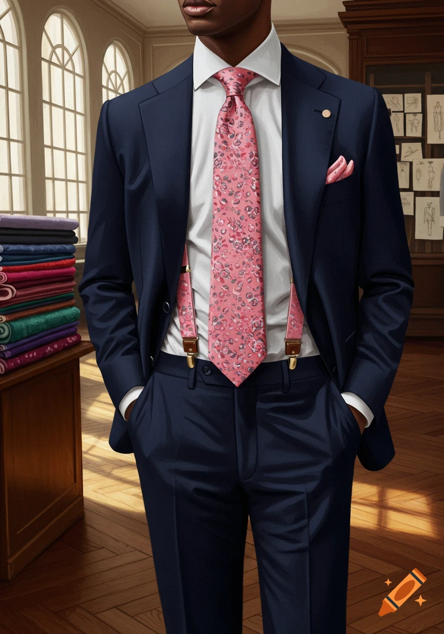 A man in a navy blue suit, white shirt, pink floral tie, and pink suspenders, with his hands in his pockets, standing in a brightly lit room.
