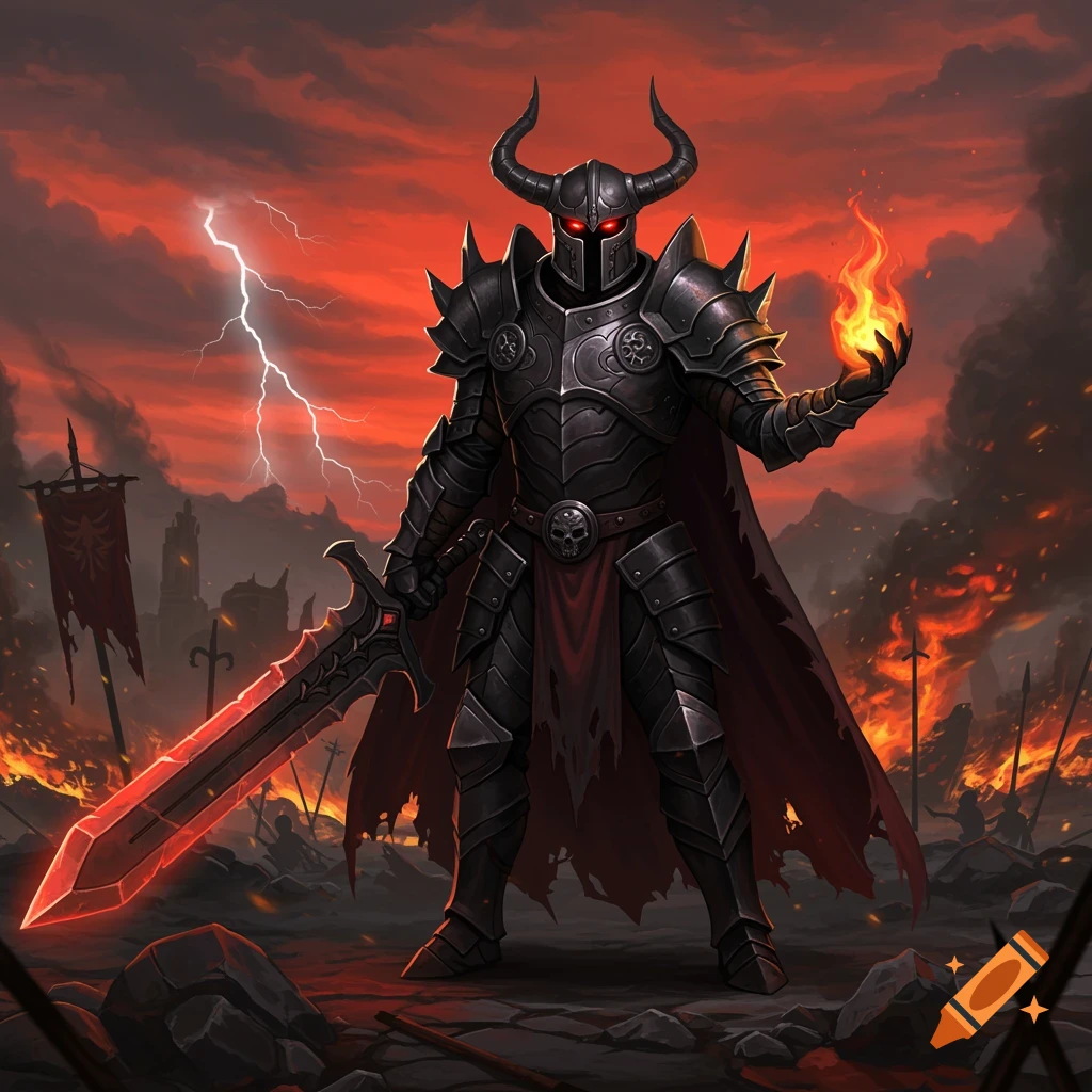 Dark knight in horned armor with glowing sword and fire on a fiery battleground under a lightning-filled red sky.
