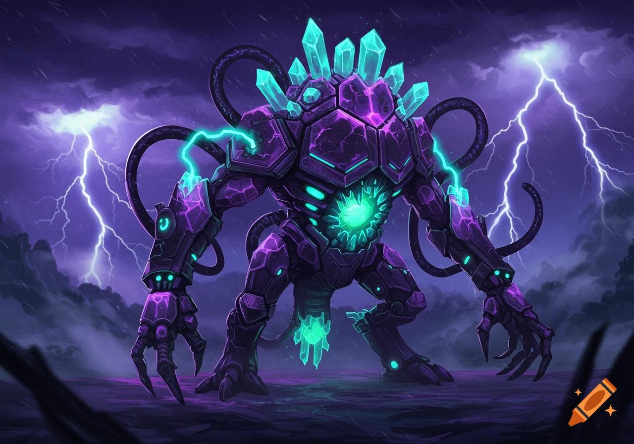 A large, armored purple monster with glowing green crystals and electricity stands in a stormy, rainy landscape with lightning.