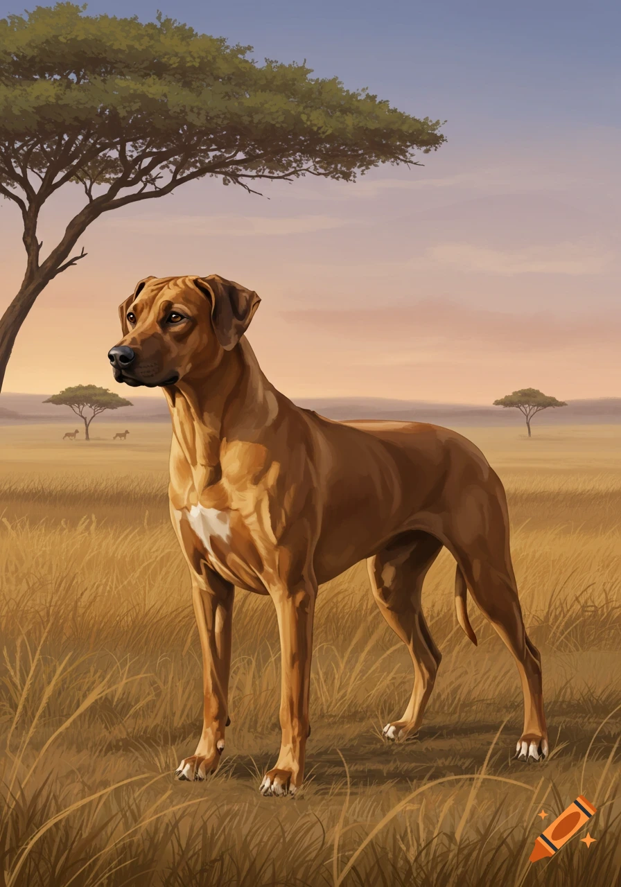 An illustration of a Rhodesian Ridgeback dog standing in a grassy savanna with an acacia tree and sunset sky.