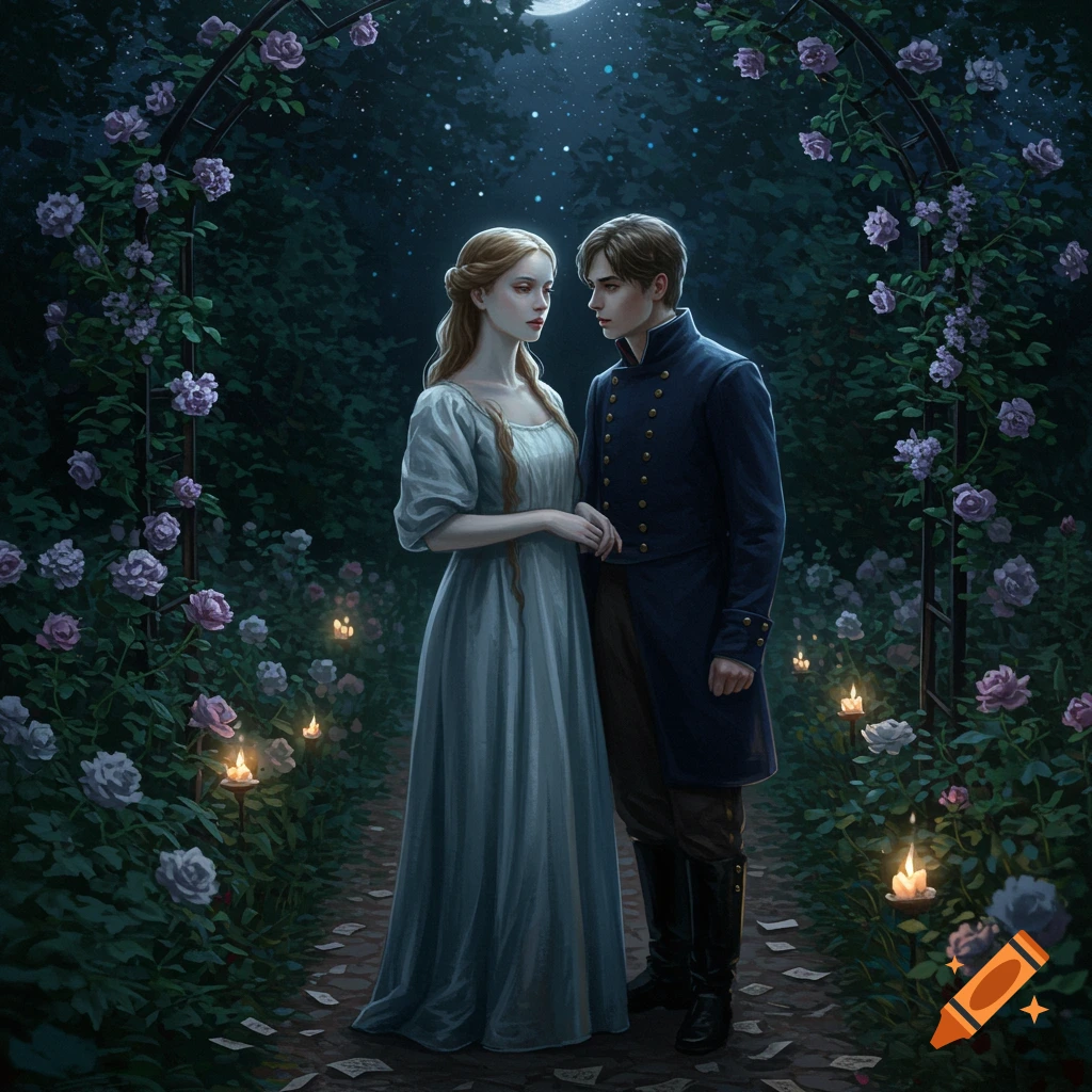 A man and a woman in period attire stand in a moonlit rose garden with candles and an archway, in a romantic art style.
