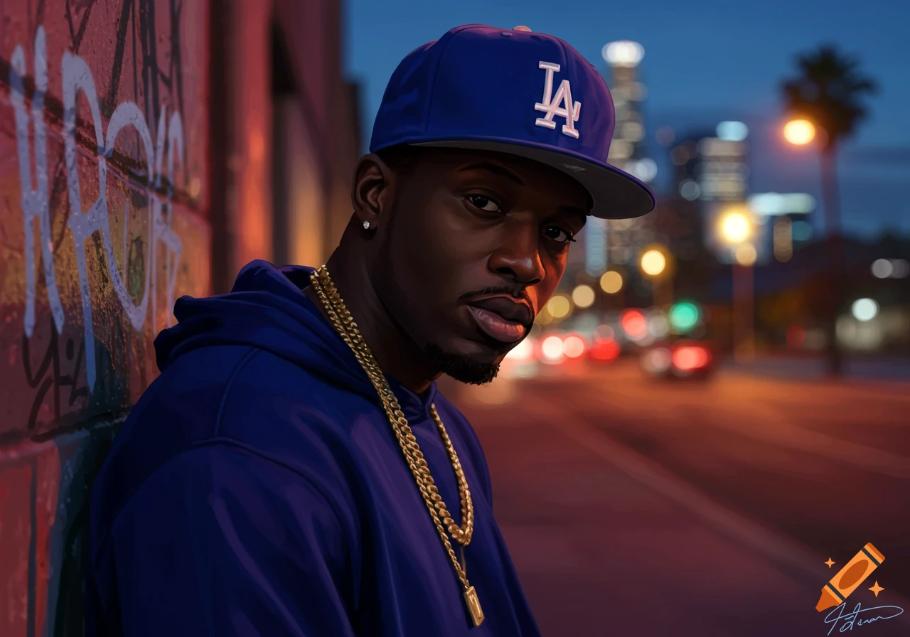A dark-skinned man in a blue hoodie, gold chains, and a blue LA Dodgers baseball cap leans against a graffiti-covered wall at night.