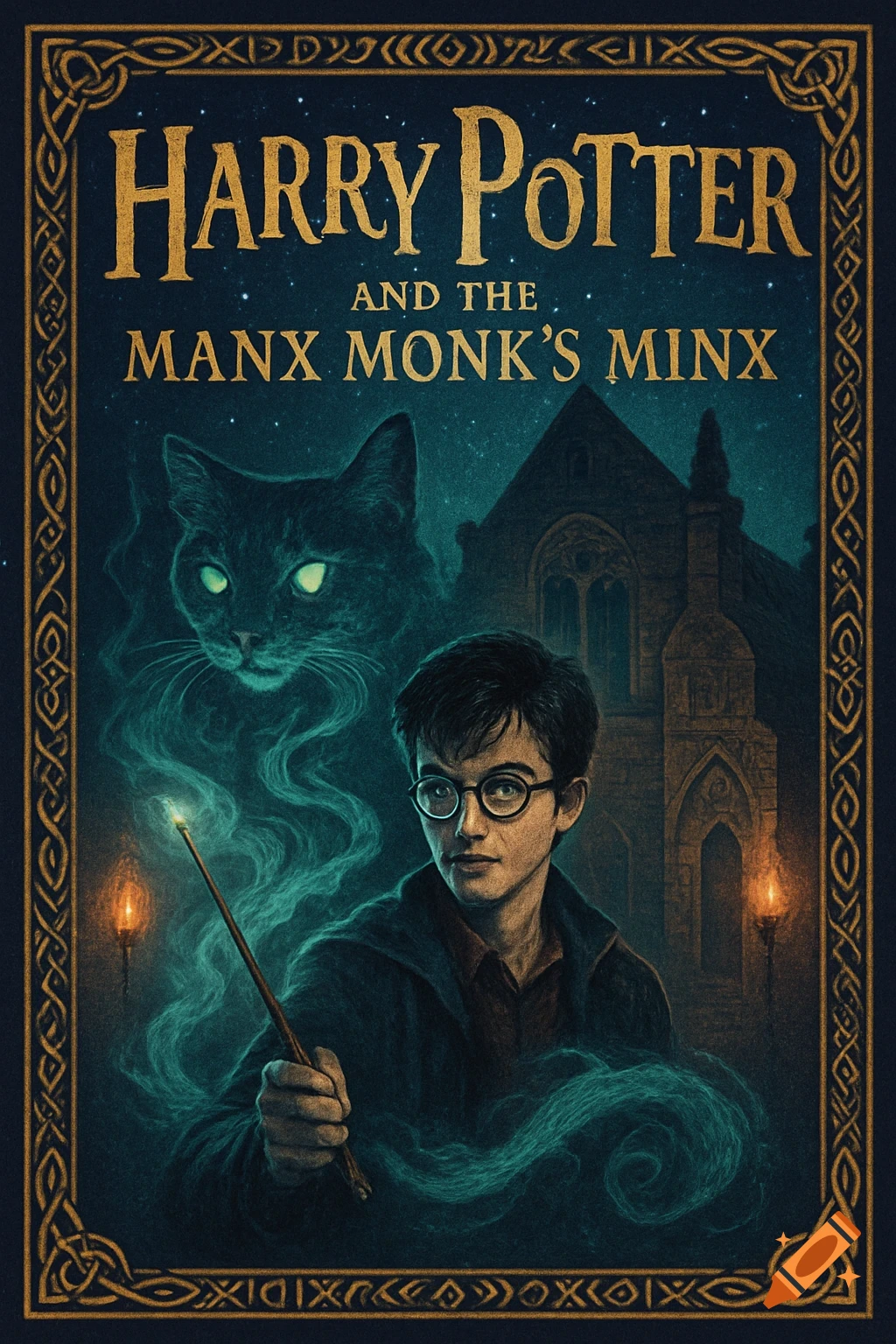 Illustrated book cover of 'Harry Potter and the Manx Monk's Minx', featuring Harry Potter with wand and a glowing black cat spirit.