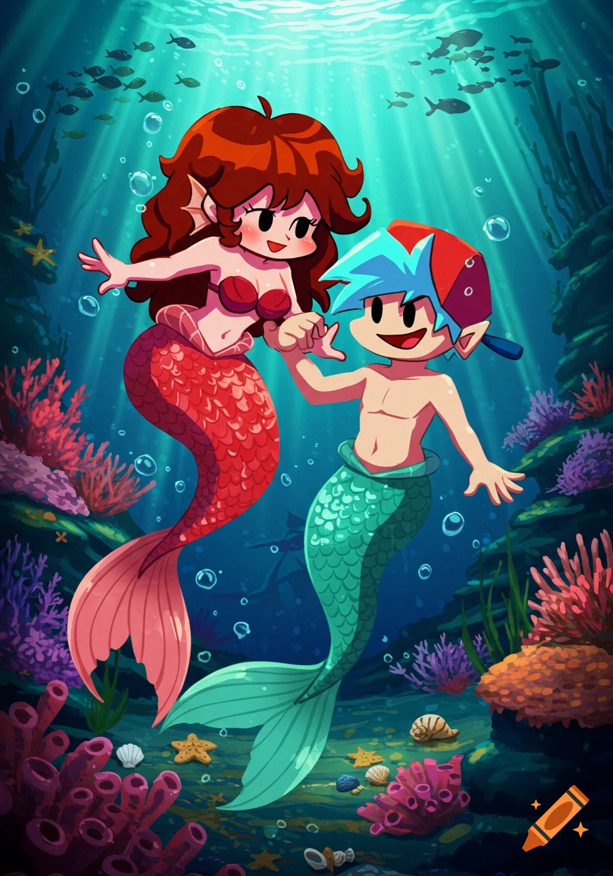 Two cartoon-style mermaids, a red-haired female and a blue-haired male, hold hands underwater amidst coral and fish.