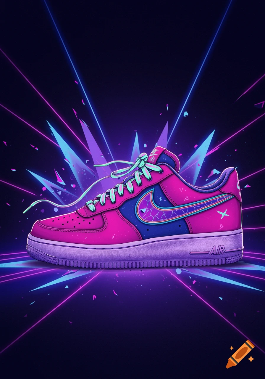 A vibrant neon pink and blue Air Force One sneaker with mint green laces against a dark background with glowing pink and blue light rays and shattered geometric shapes.