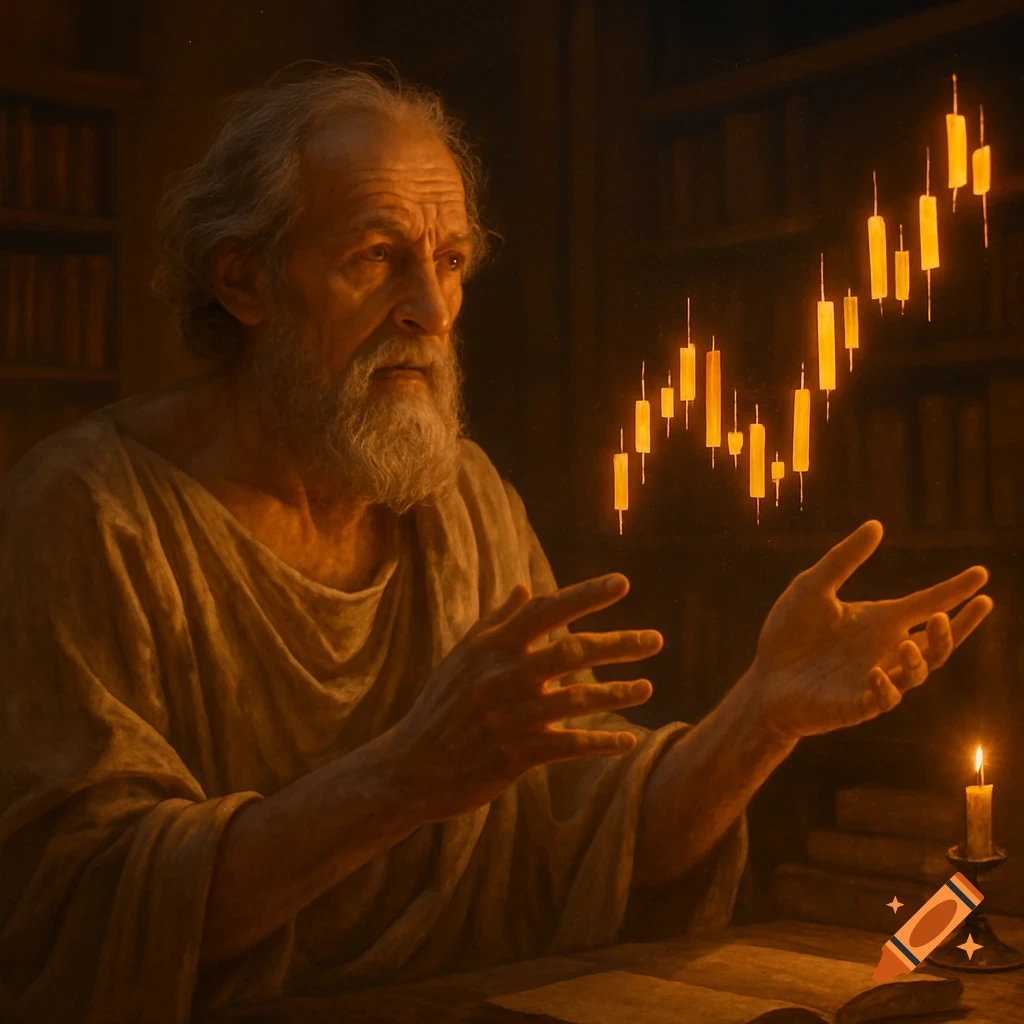 An elderly, bearded philosopher in ancient robes gazes at and gestures towards glowing orange financial candlestick charts floating in a dimly lit study.