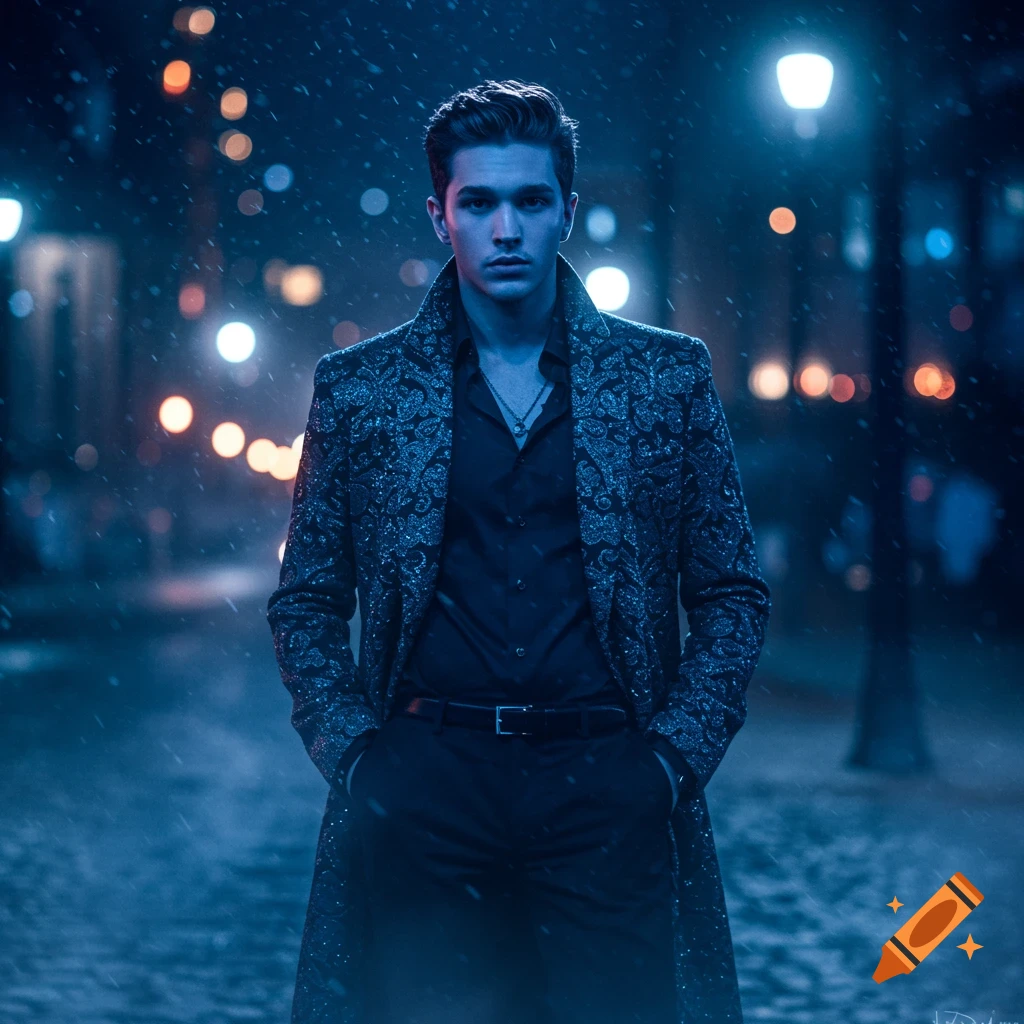 A man in a patterned coat stands on a dark, wet street at night with blurry streetlights in the background.