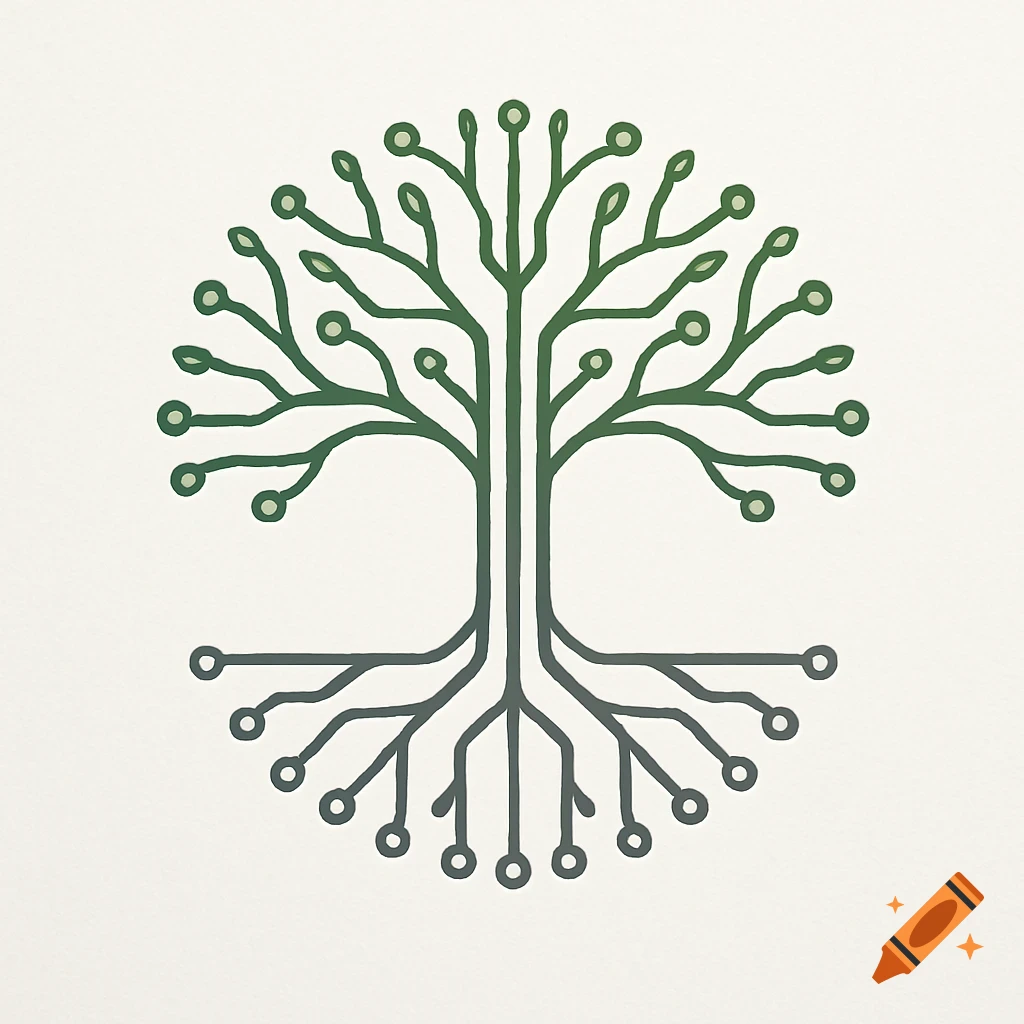 A minimalist logo combining a tree of life with circuit board elements, showing green branches and gray roots on a light background.