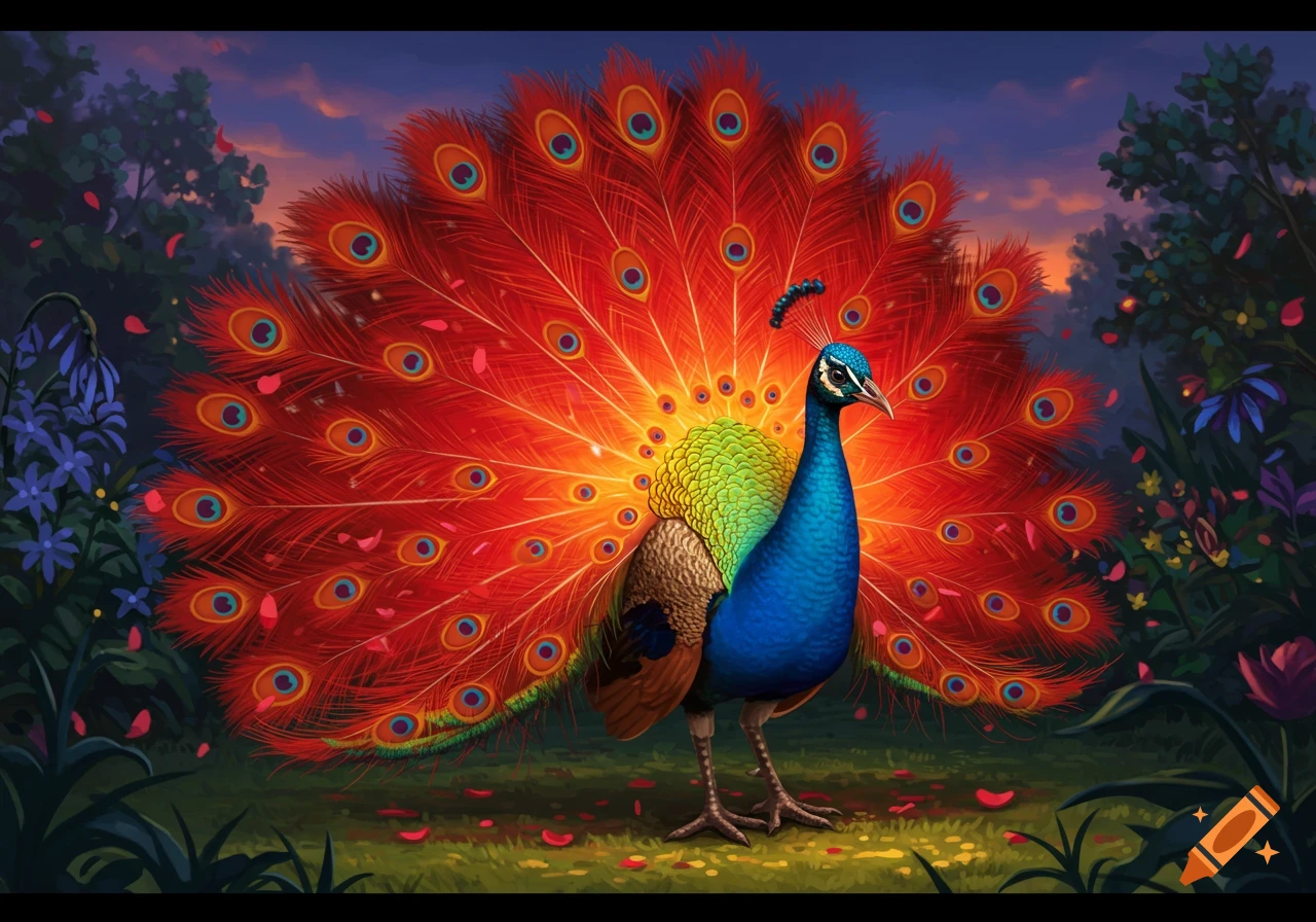 A vibrant peacock with bright blue and green plumage, fanning out brilliant red and orange tail feathers that glow like fire, stands in a lush, detailed forest at sunset.