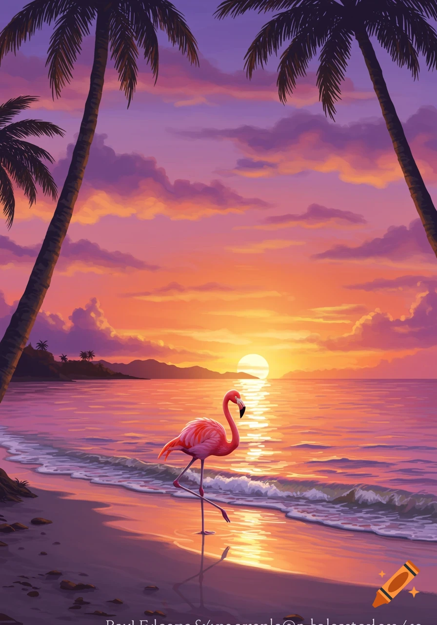 A pink flamingo stands on a sandy beach at sunset, with palm trees framing the vibrant orange and purple sky.