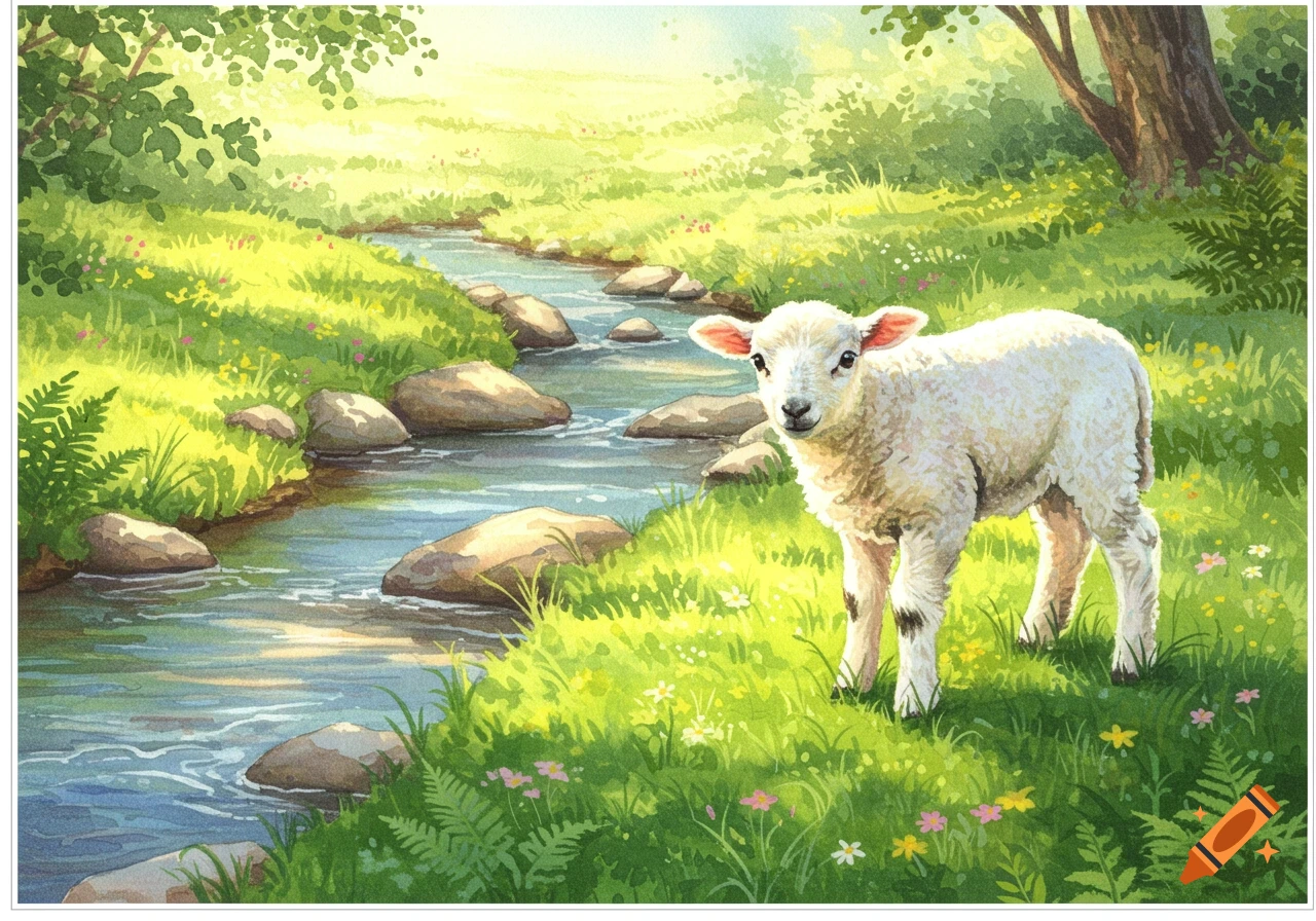 A white lamb stands in a sunlit green meadow next to a rocky stream, painted in a vibrant watercolor style.