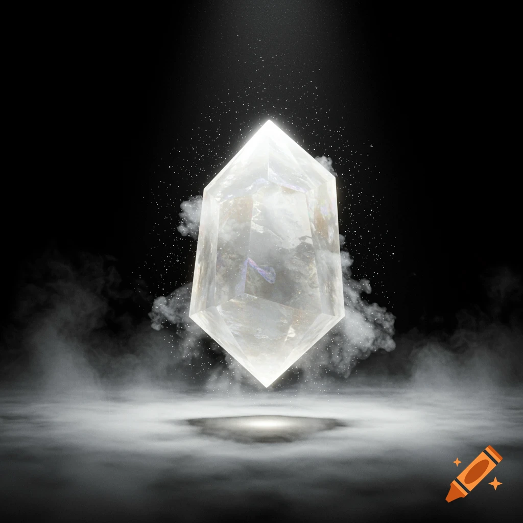A white crystal floats, illuminated by a spotlight, surrounded by smoke and sparkling particles against a dark background.