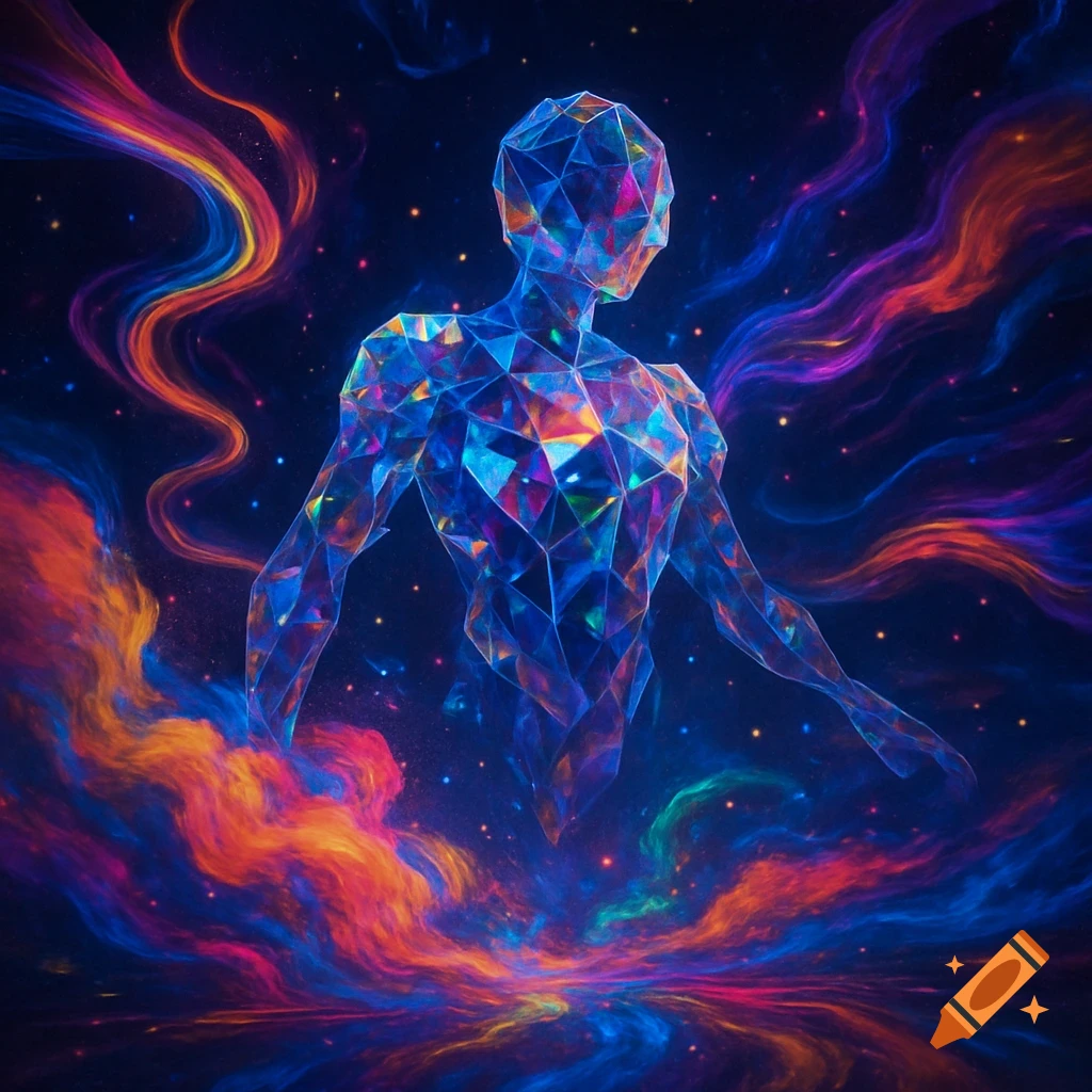 A shimmering, multi-faceted crystalline figure stands amidst swirling, vibrant cosmic clouds and stars.