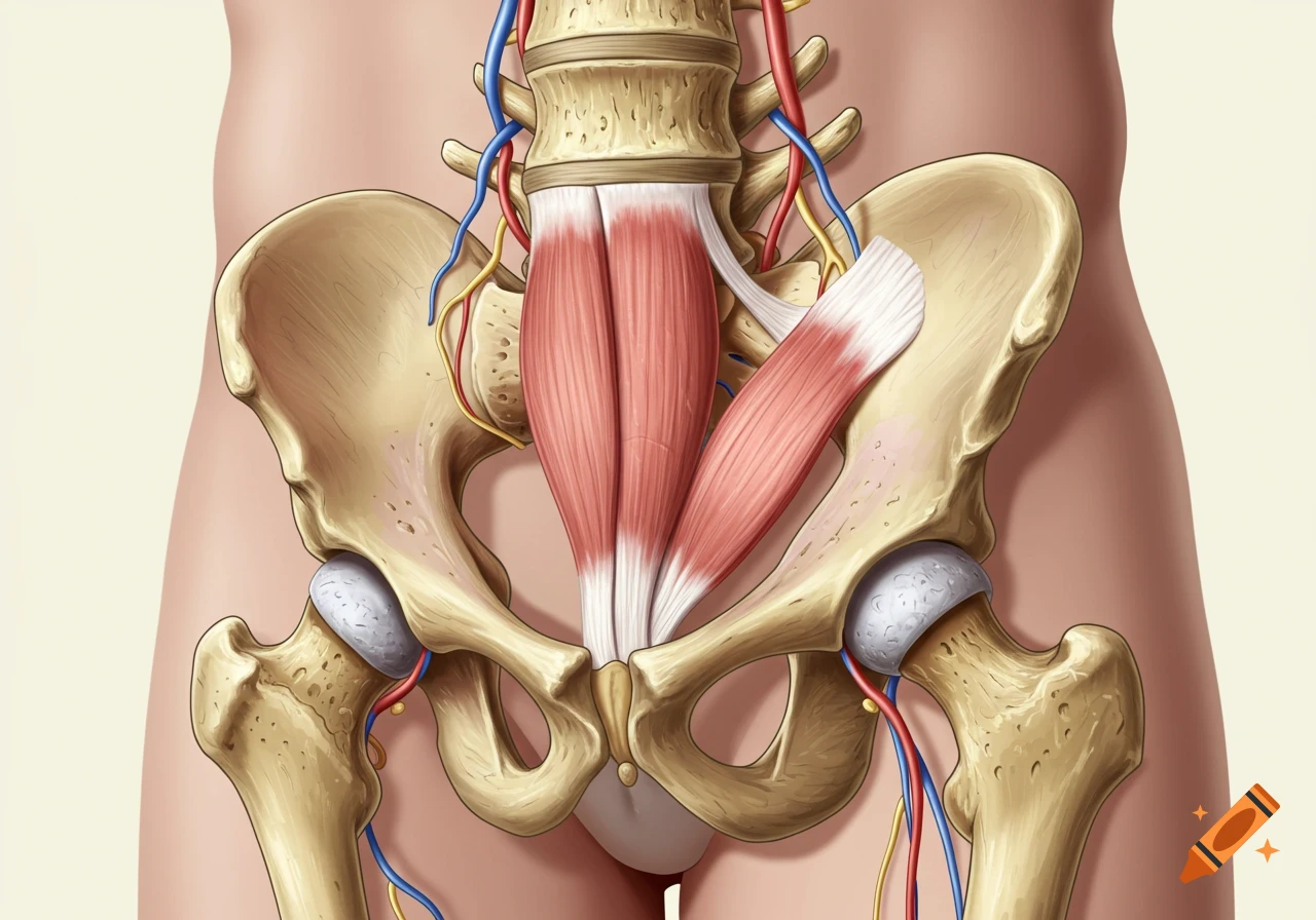 Detailed medical illustration of the human pelvis, showing bones, muscles, blood vessels, and nerves, with a focus on the piriformis muscle.