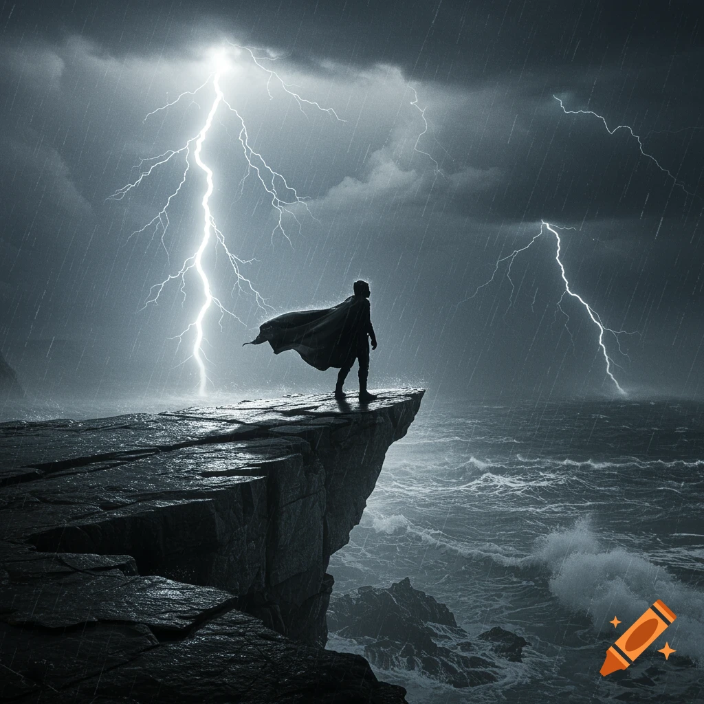 A solitary figure in a cape stands on a rocky cliff overlooking a turbulent sea with multiple lightning strikes and heavy rain during a storm. The scene is dark and dramatic.
