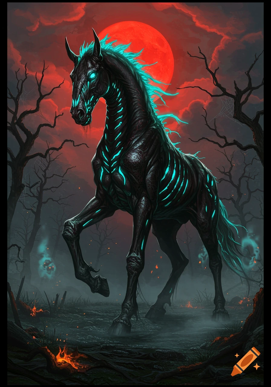A black horse monster with glowing blue bones and mane stands in a dark, misty forest under a large red full moon.