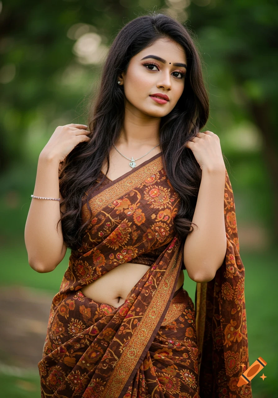 A young South Asian woman in a brown patterned sari poses outdoors, revealing her midriff, with dark hair and a necklace, in a natural light portrait.