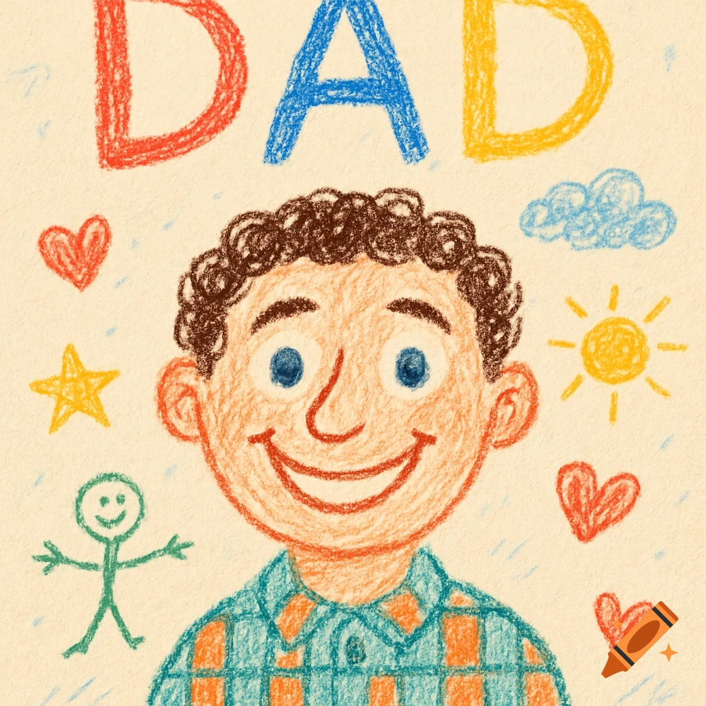 Crayon drawing of a smiling man with the word DAD above his head, surrounded by hearts, a sun, a cloud, a star, and a stick figure.