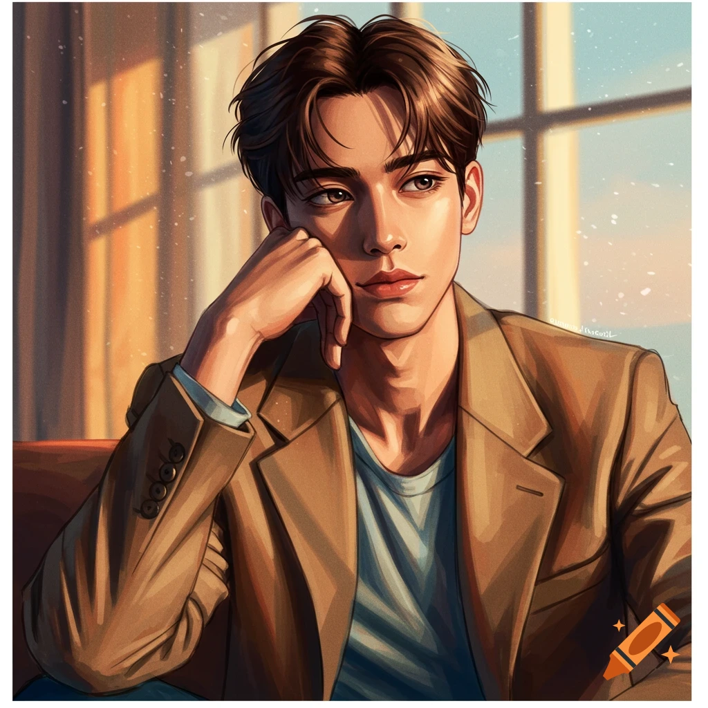 Illustrated portrait of a young man with brown hair and a brown jacket, resting his chin on his hand, bathed in warm light.