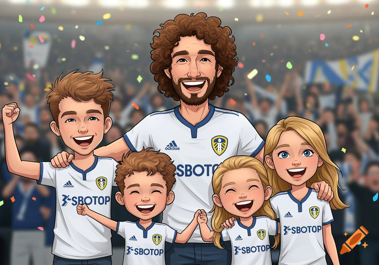 Cartoon illustration of a happy dad with his four children, all wearing Leeds United football shirts, celebrating in a stadium with confetti.