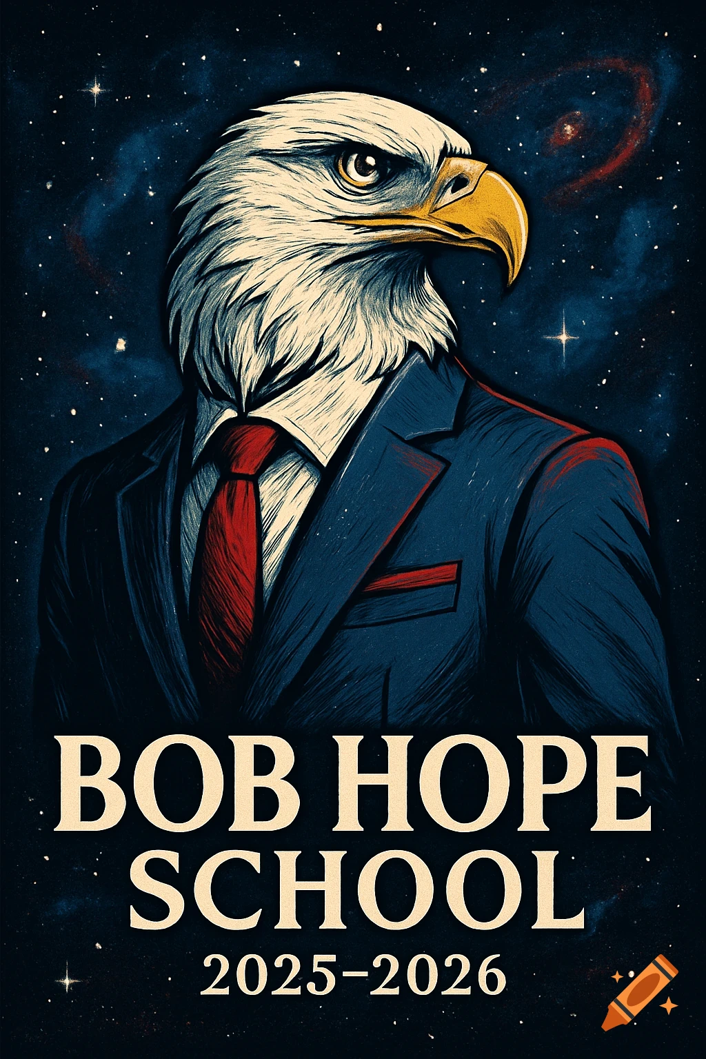 A stylized drawing of a bald eagle wearing a blue suit and red tie against a starry space background. Below the eagle, the text reads "BOB HOPE SCHOOL" and "2025-2026".