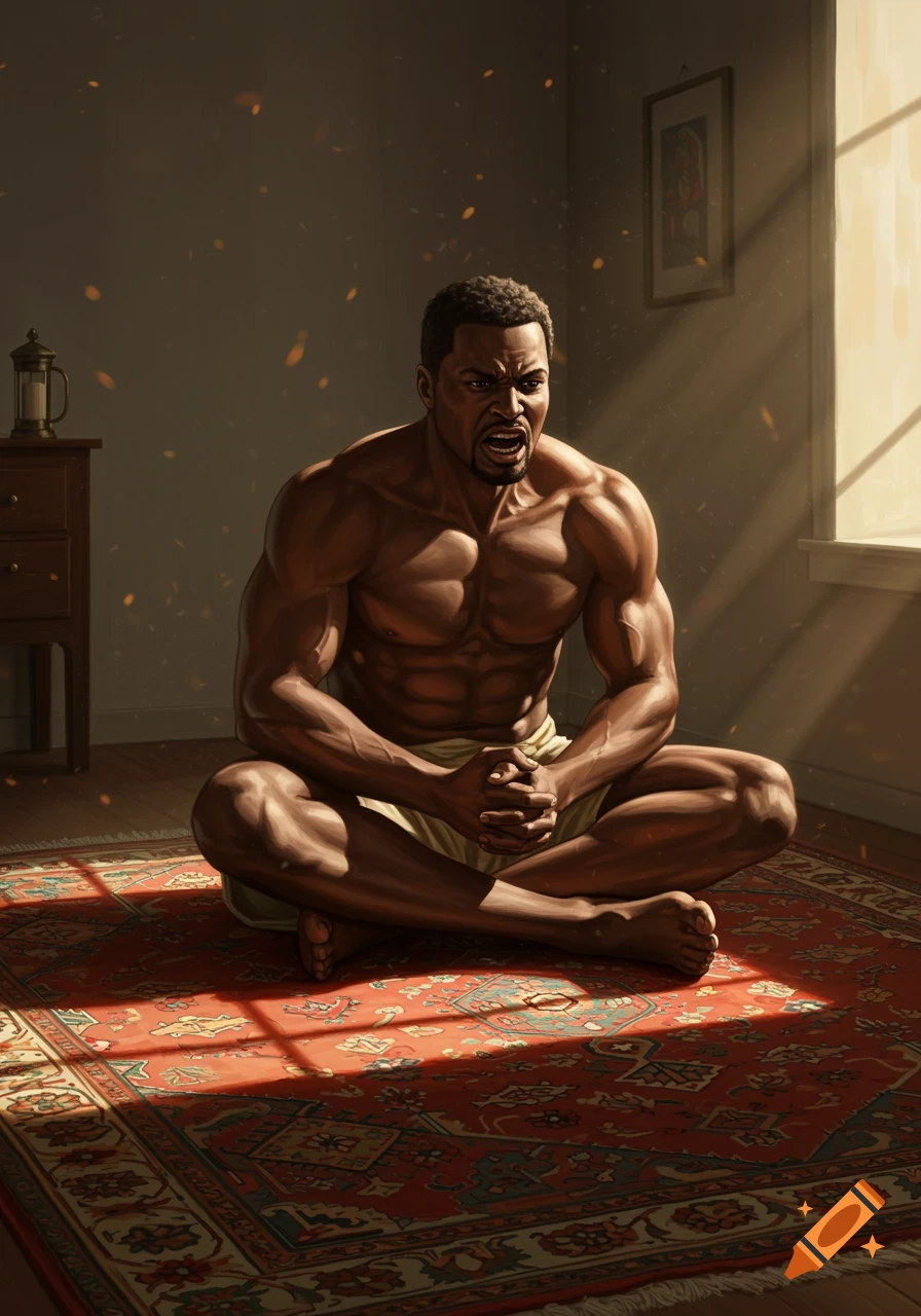 A muscular Black man with an angry expression sits cross-legged on an ornate red rug, bathed in strong sunlight from a window.