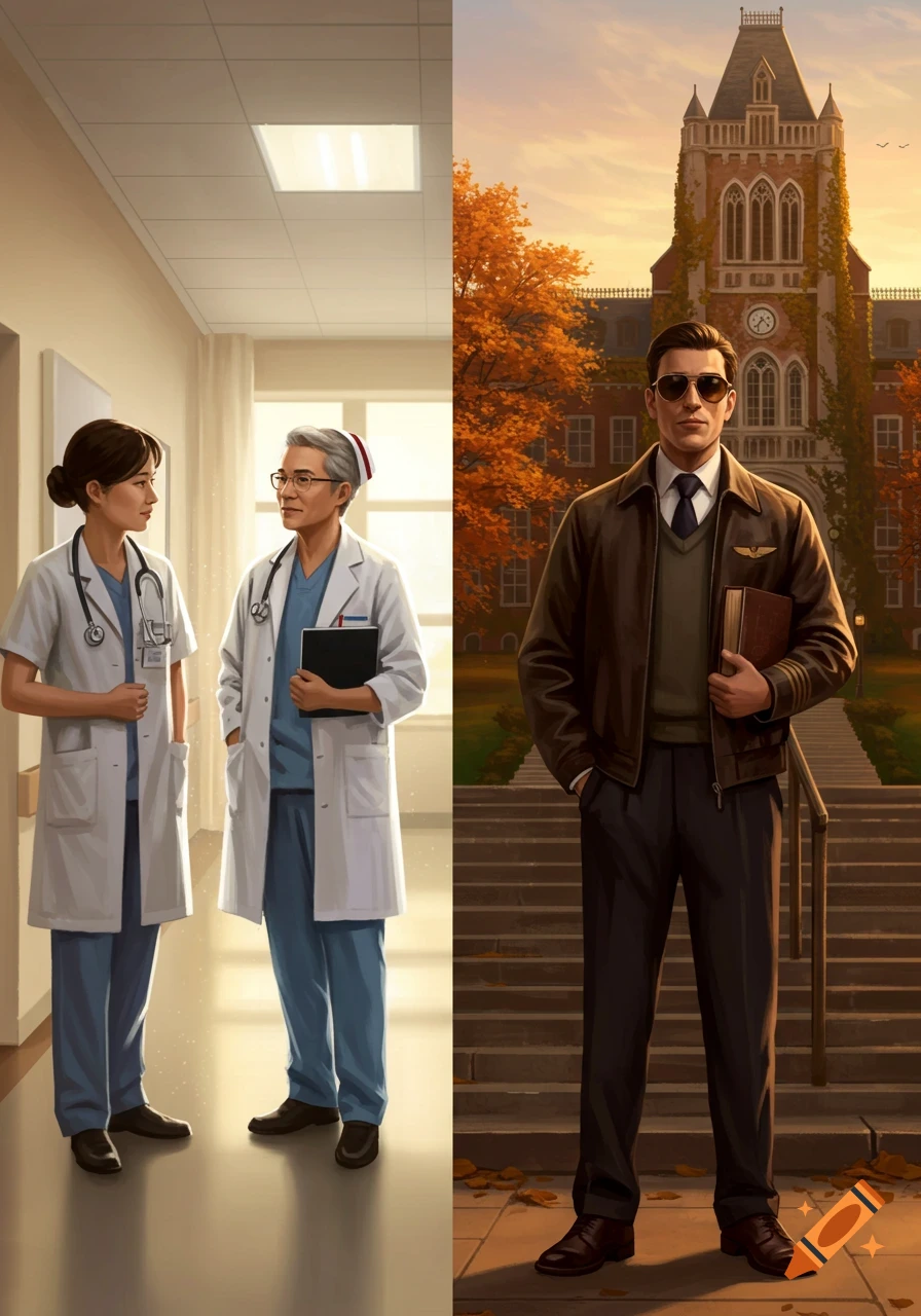 Split image showing two medical professionals in a hospital hallway on the left, and a man in pilot attire holding a book in front of a university building on the right. Digital art.