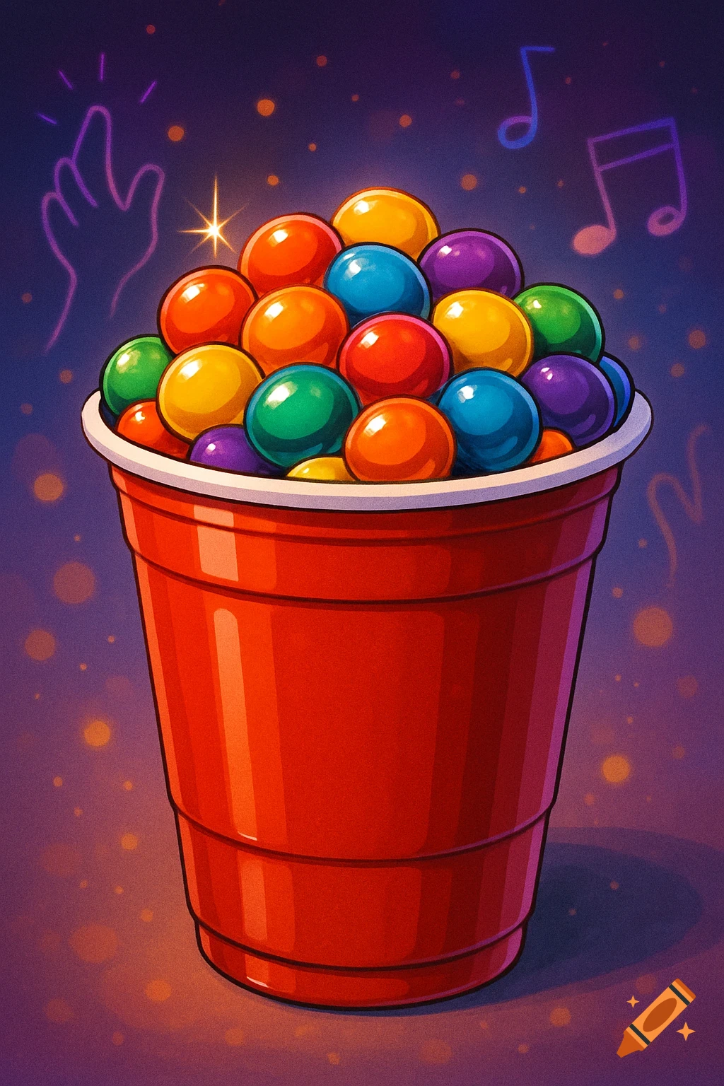 Illustration of a red solo cup overflowing with colorful, shiny spheres, set against a dark purple background with glowing neon hand and music notes.