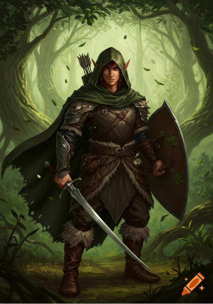 A male elf ranger with a hooded cloak and fur armor holds a sword and shield in a lush forest.