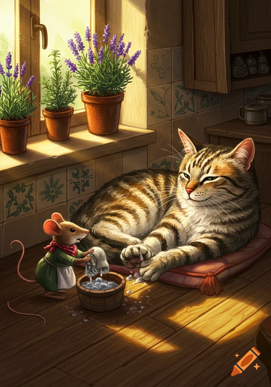 A brown tabby cat relaxes on a pillow while a small mouse in an apron washes its paw in a wooden bucket. Sunlight streams through a window with potted lavender plants.