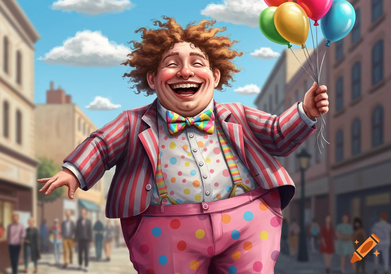 A joyful man in a colorful clown suit with curly red hair laughs while holding balloons on a city street.