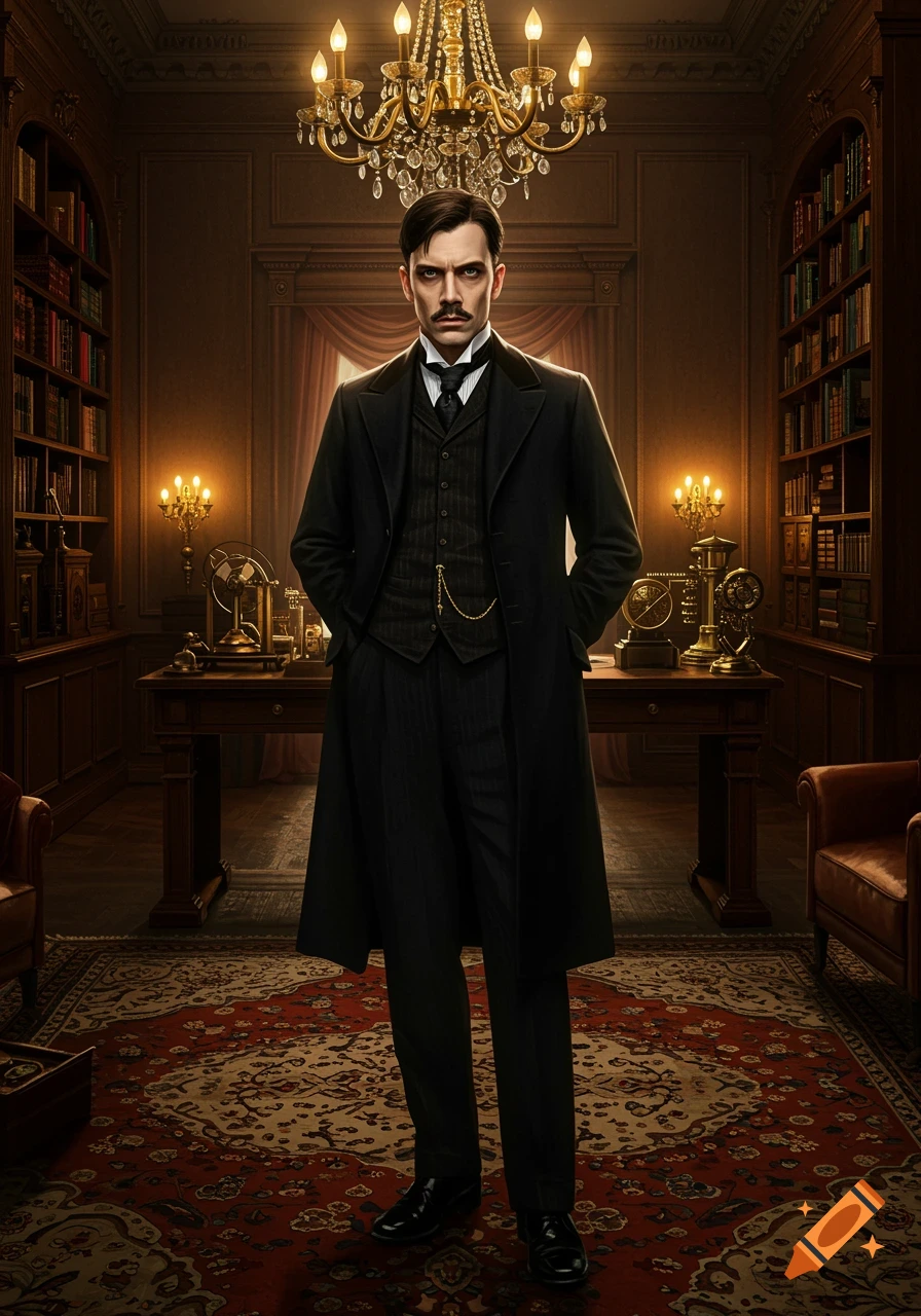 Photorealistic portrait of a stern man with a mustache in a black suit standing in a richly decorated, dimly lit library.