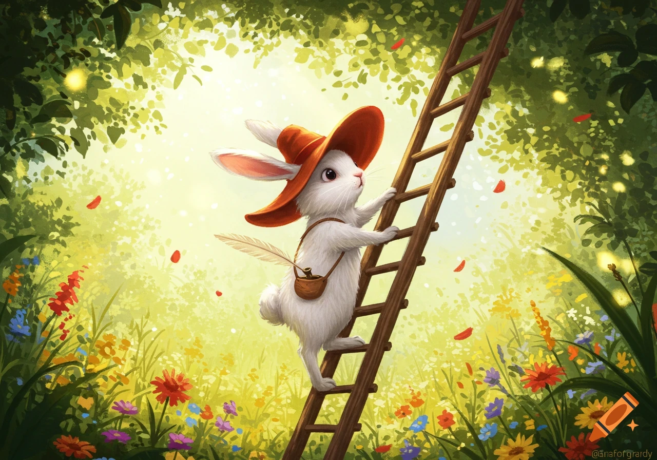 A whimsical white rabbit wearing a red hat and carrying a quill climbs a ladder through a vibrant, flowery forest.