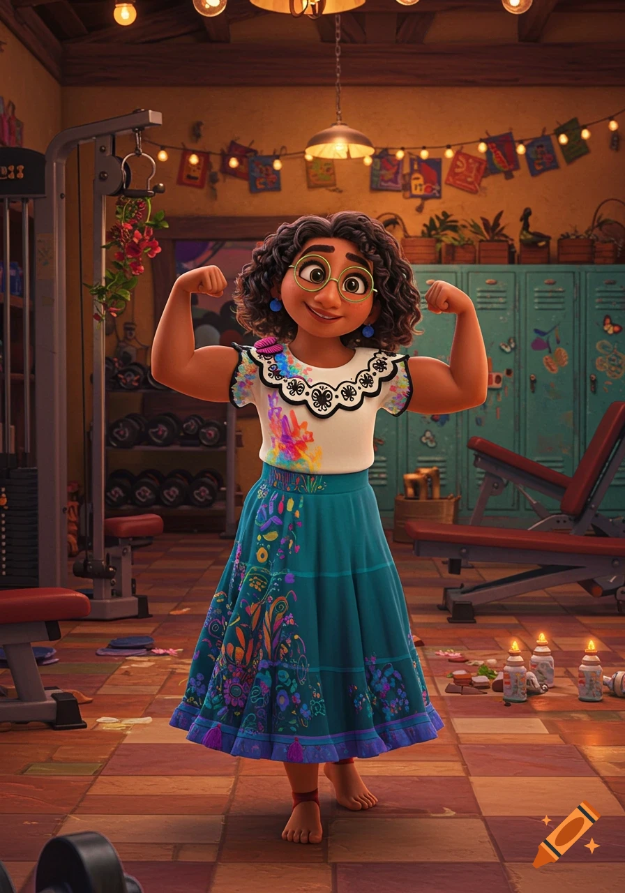 Mirabel from Encanto flexes her biceps in a colorful gym, with weight racks, lockers, and benches in the background.