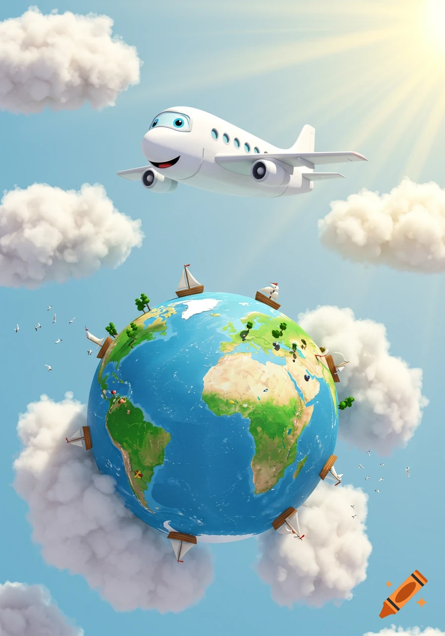 A smiling cartoon airplane flies above a stylized globe with trees and boats on it, surrounded by clouds under a sunny sky in a children's storybook style.