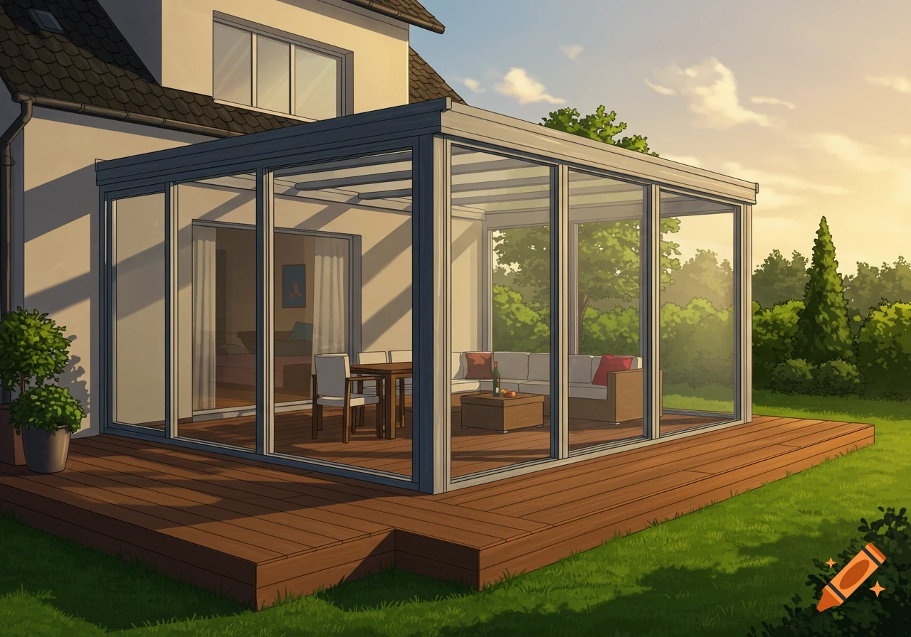 An illustration of a house with an aluminum sunroom, a wooden deck, and a manicured lawn under a sunny sky.
