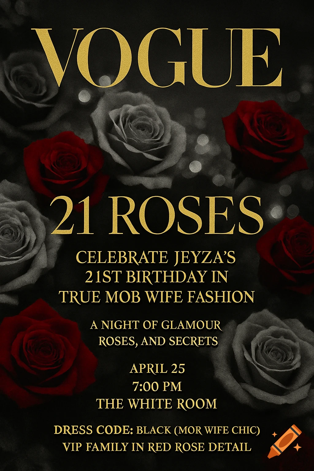 A black and gold birthday invitation with a 'VOGUE' inspired design, featuring red and grayscale roses and gold text on a dark background.