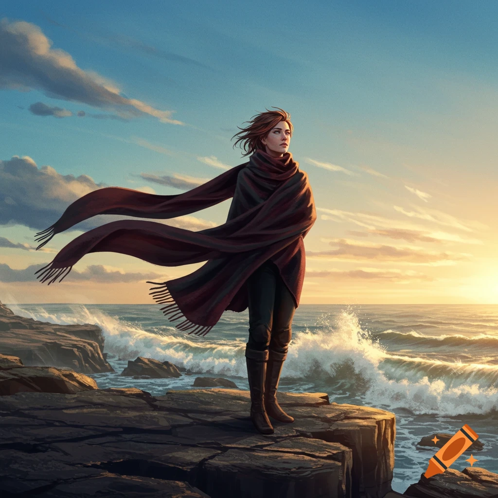 A woman in a long, flowing scarf stands on rocky cliffs looking out at a stormy sea during sunset.