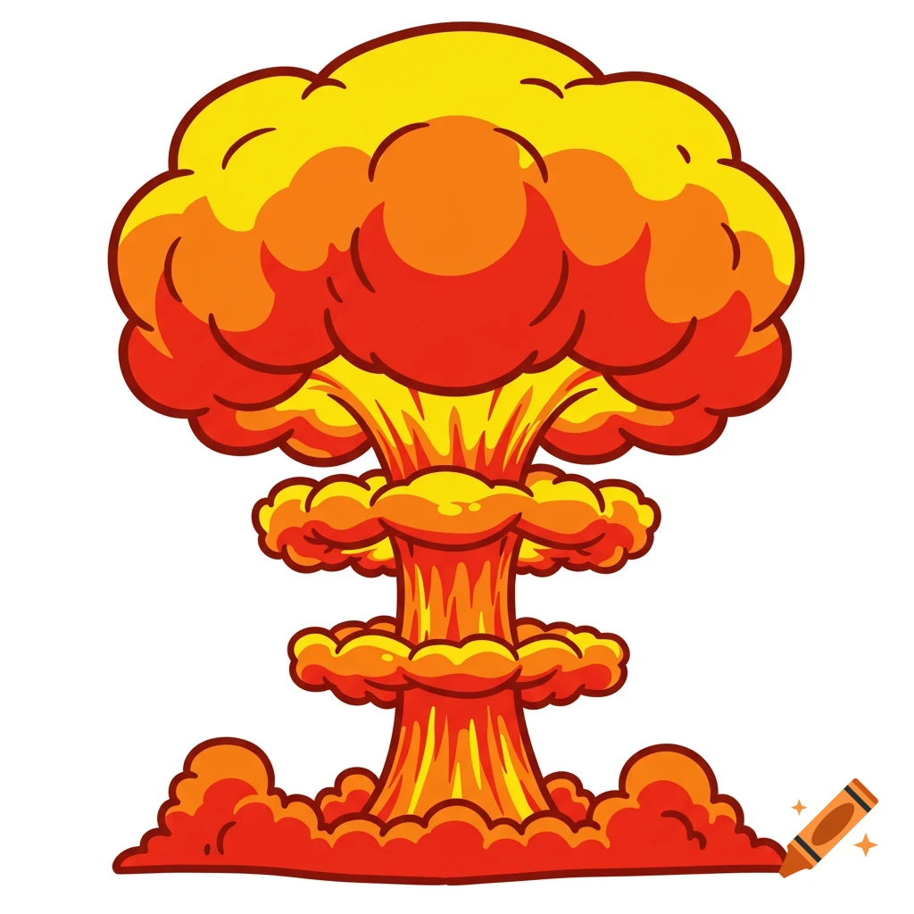 A vibrant cartoon line drawing of a nuclear mushroom cloud in shades of red, yellow, and orange.