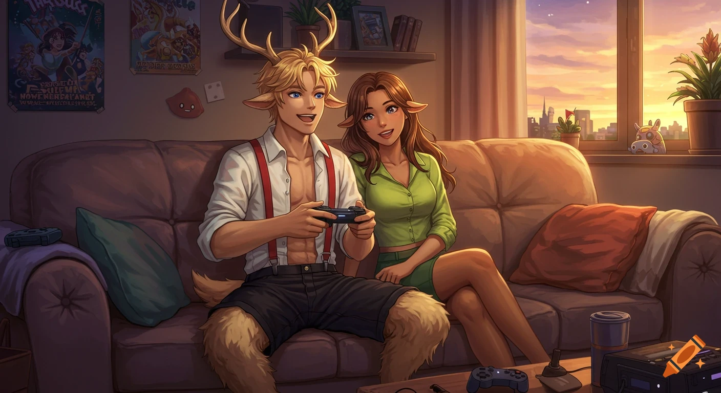 An anime-style image of a blond satyr and a brown-haired woman playing video games on a couch in a living room at sunset.