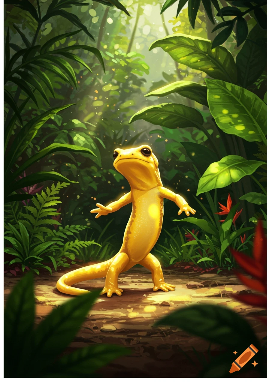 A cartoonish bright yellow salamander with large eyes dances in a vibrant green jungle, illuminated by sunlight filtering through the leaves.