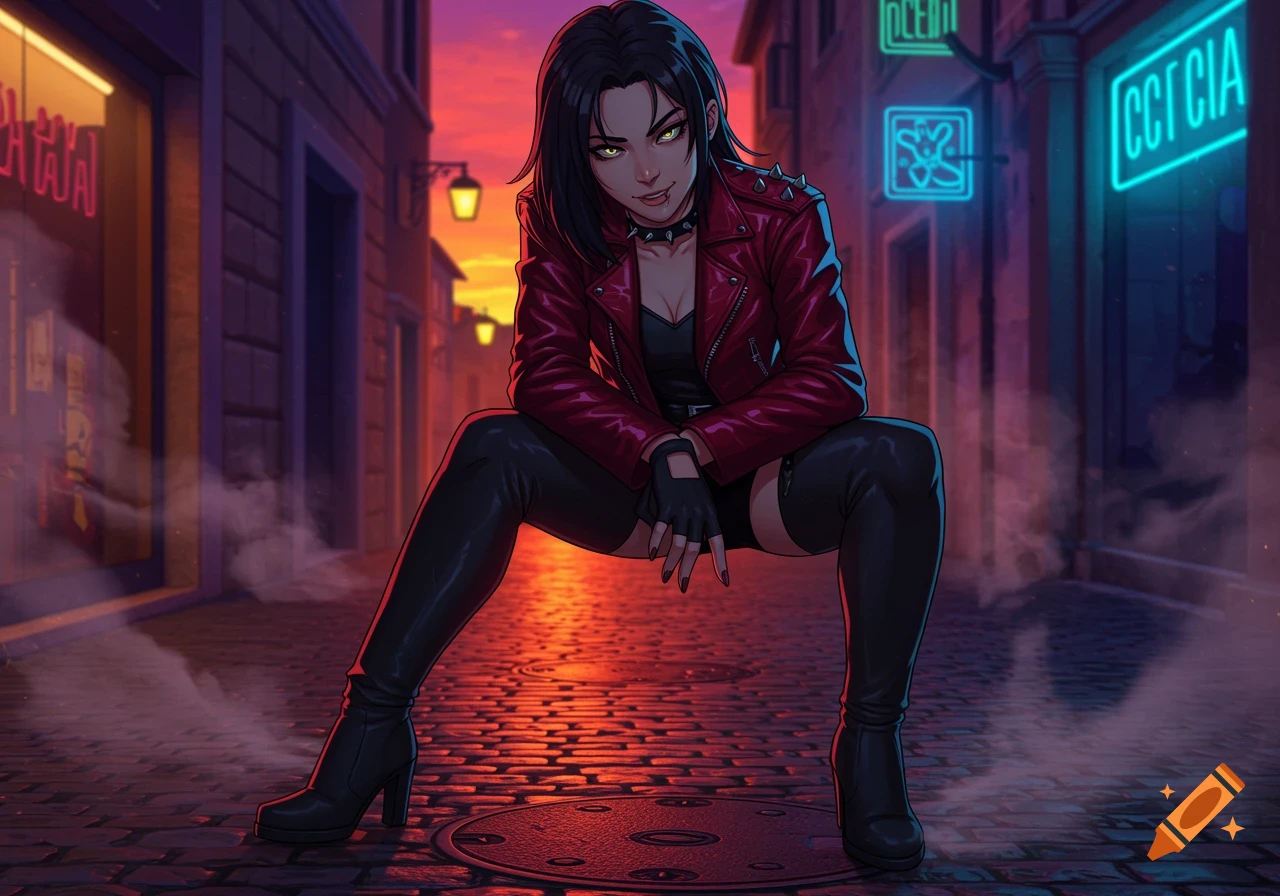 Anime-style woman in red leather jacket and black boots squats on a cobblestone street at sunset with neon signs.
