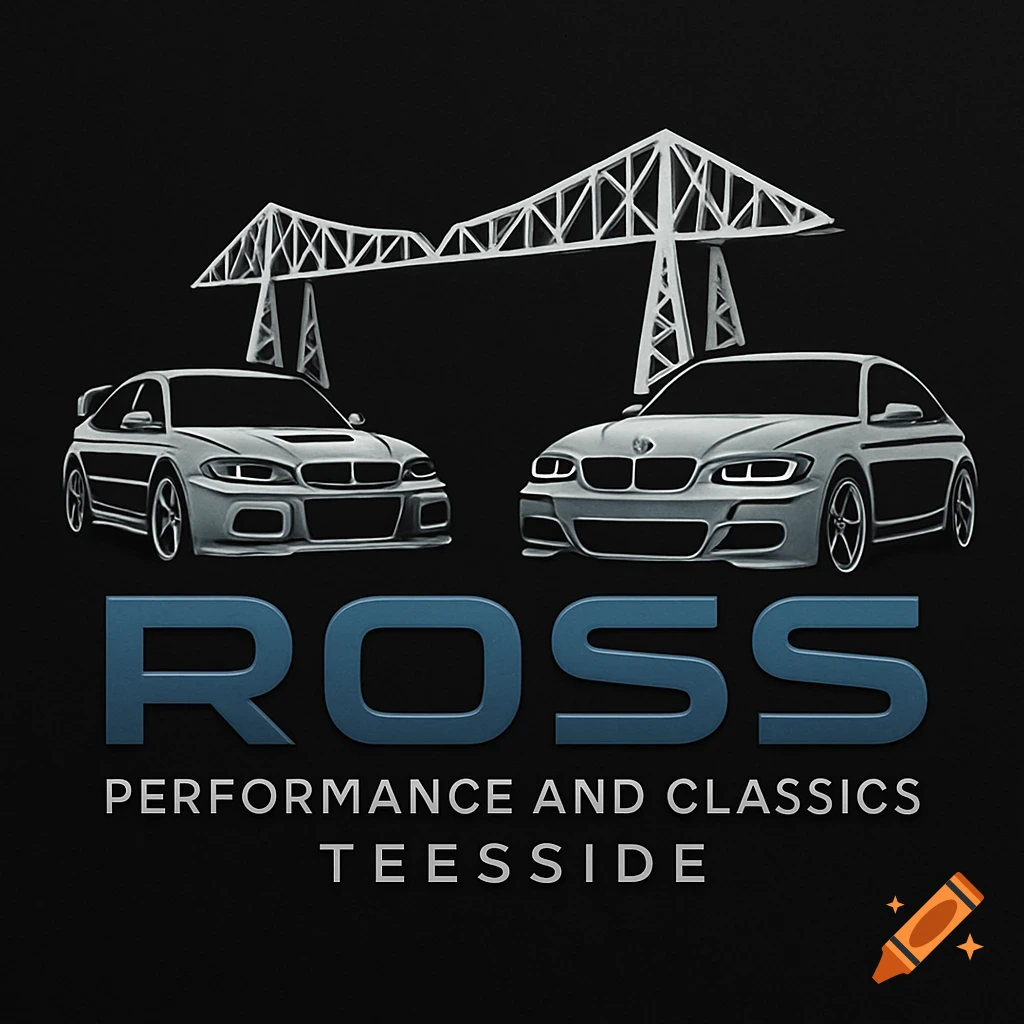 Stylized logo with a silver Evo 6 and a BMW E46 M3 under a bridge, with 'ROSS PERFORMANCE AND CLASSICS TEESSIDE' text on a black background.