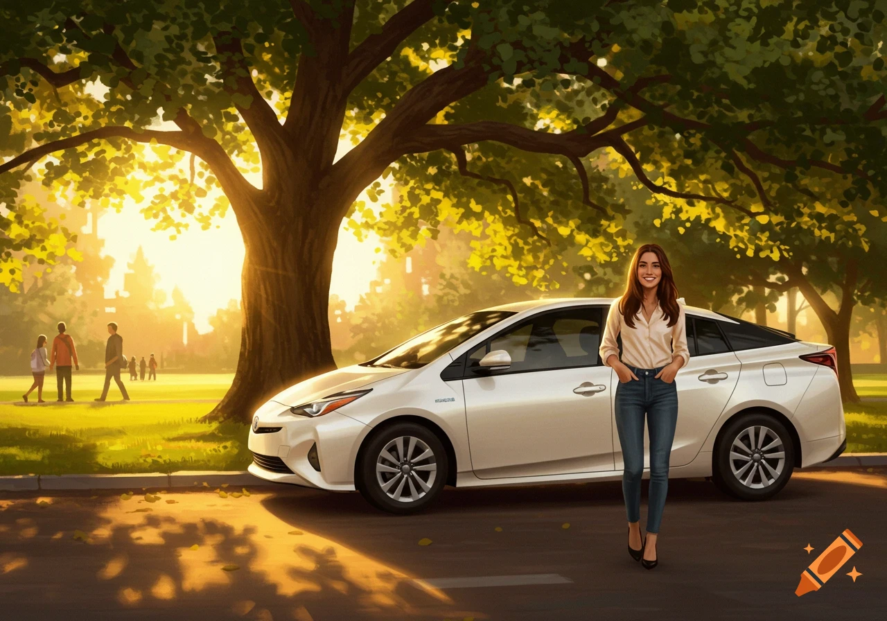 An illustrated woman smiles beside a white car in a park with large trees and sunlight.