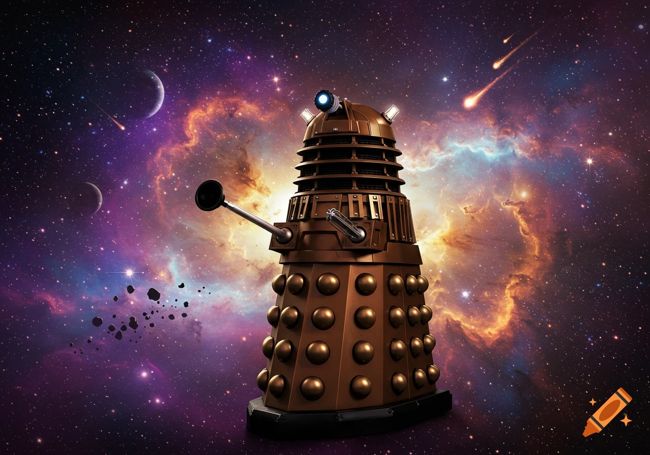 A photorealistic bronze Dalek floats in a vibrant galaxy with nebulae, planets, and shooting stars.