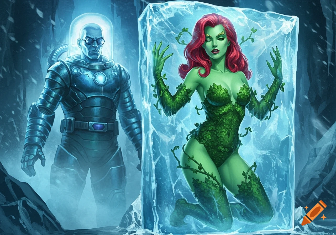 Mr. Freeze stands next to Poison Ivy frozen inside a large block of ice, in a comic art style.