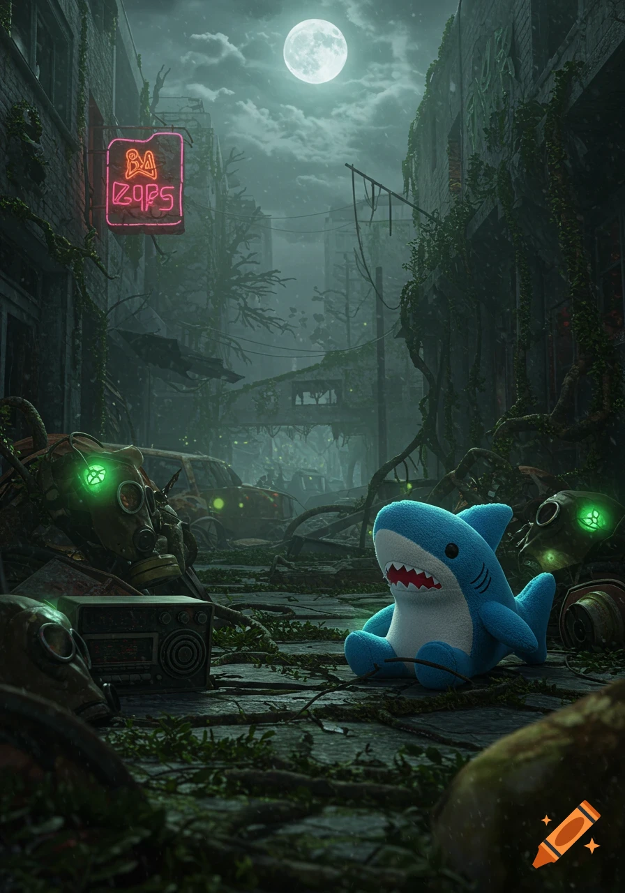A blue plush shark sits on a debris-strewn street in a desolate, overgrown post-apocalyptic city under a full moon, with gas masks and a radio nearby.
