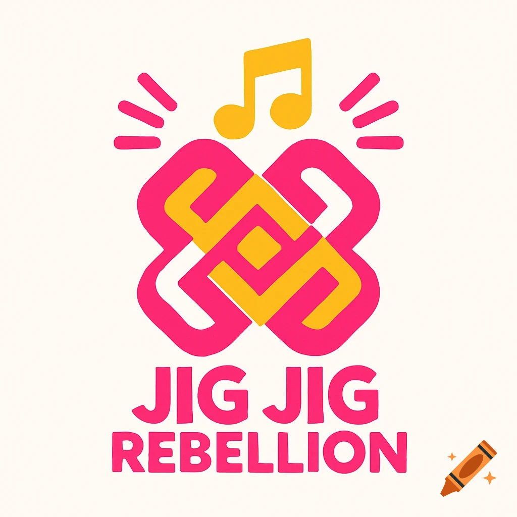 A simple pink and yellow logo featuring an abstract interwoven shape, a musical note, and the text 'JIG JIG REBELLION'.