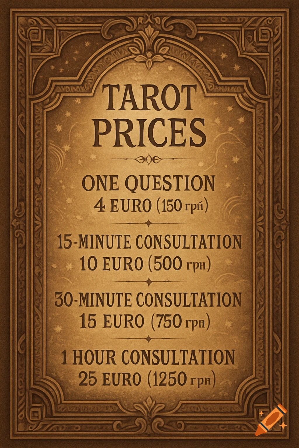 A vintage-style parchment-colored sign with an ornate brown border, displaying tarot reading prices in dark brown text.