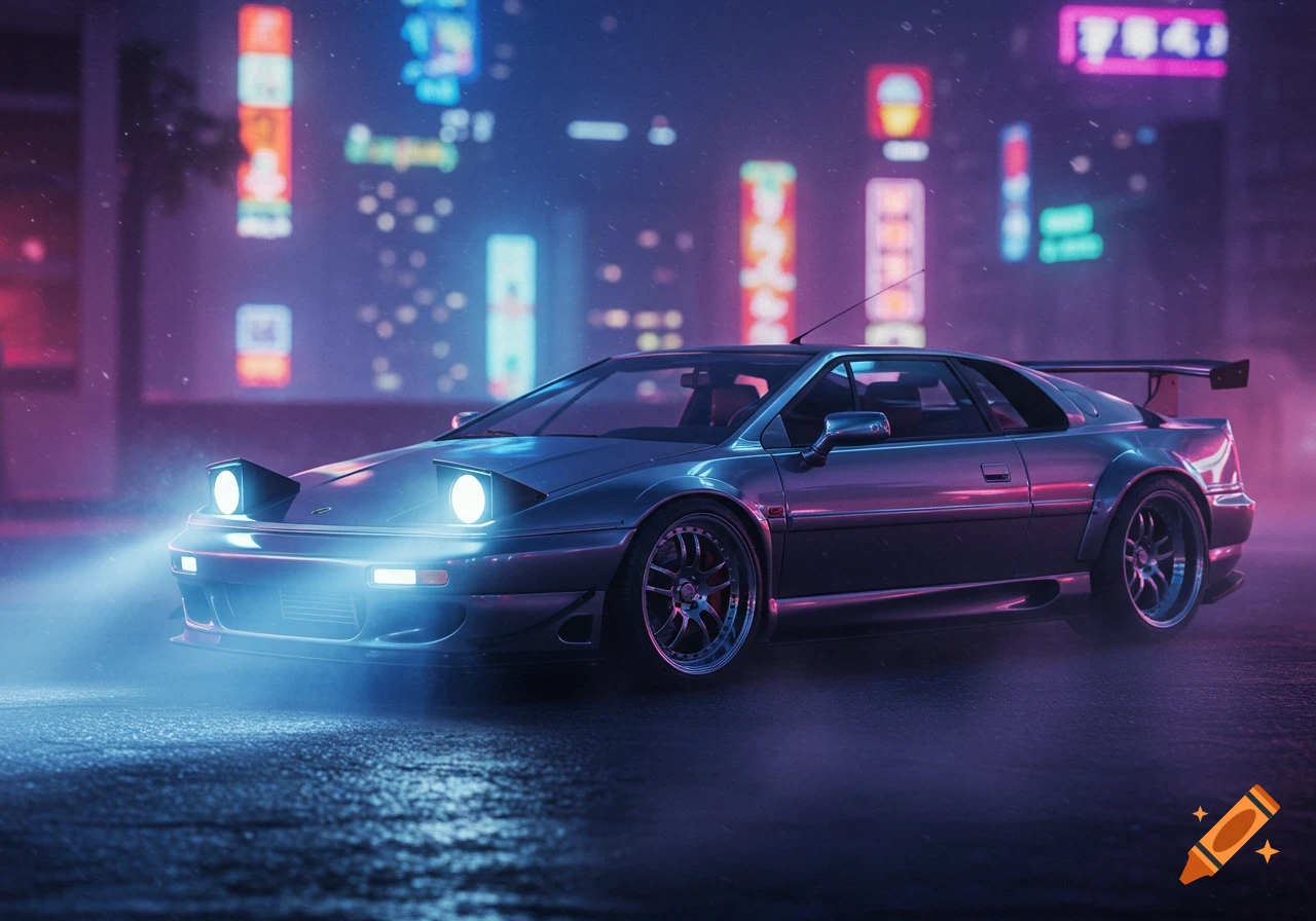 A silver Lotus Esprit sports car with pop-up headlights on a wet city street at night, bathed in blue and purple neon light.